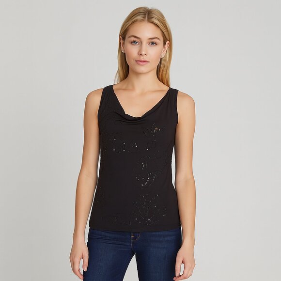 GUESS Black Sequin Racerback Top XS – Glam Night Out Statement Piece - Picture 1 of 10